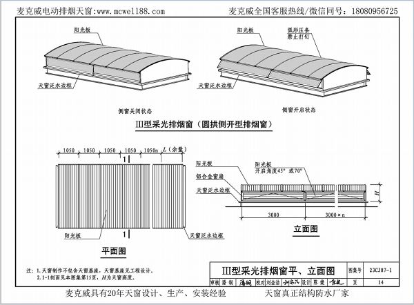 23CJ87-1采光、通風(fēng)、消防排煙天窗（一）中III型側(cè)開式圓拱型電動采光排煙天窗